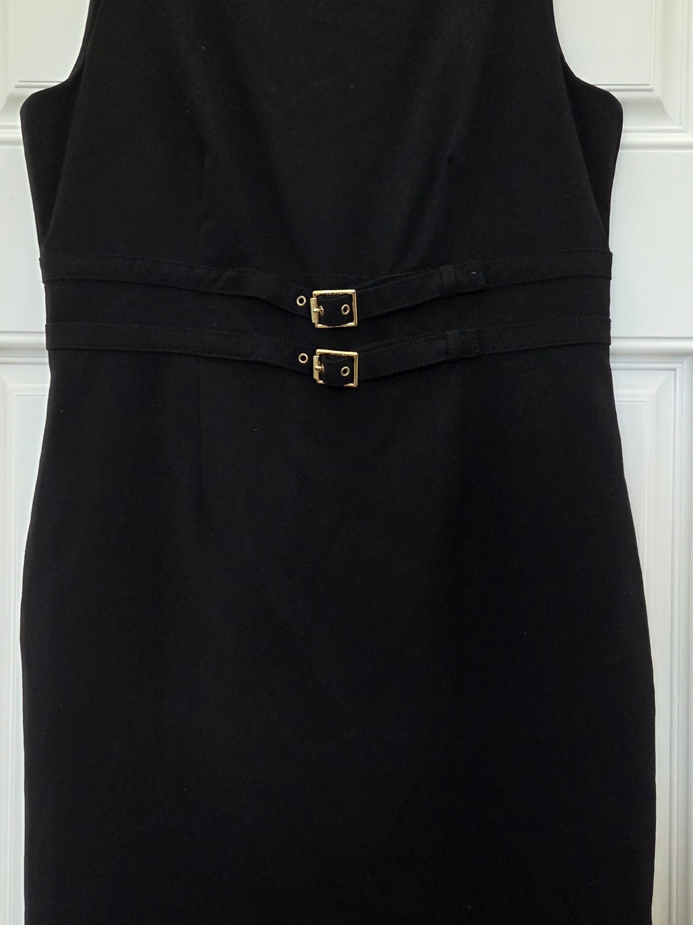 Calvin Klein Black Midi Sheath Dress with Double Gold Buckles